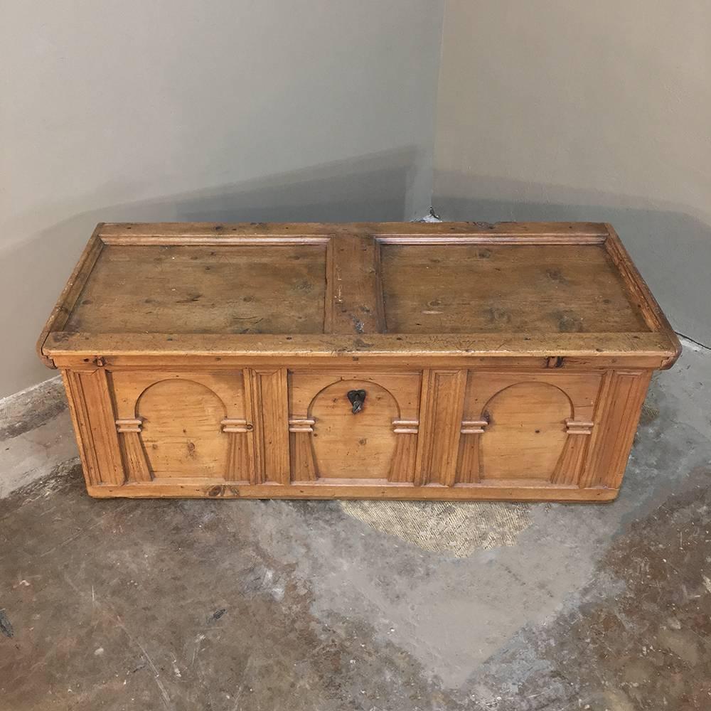 Elegant 18th century Swedish pine trunk features the clean architectural neoclassical architectural lines that are so revered in this Alpine country, and was handcrafted from the plentiful fir that grows in the region. Ideal at the foot of the bed