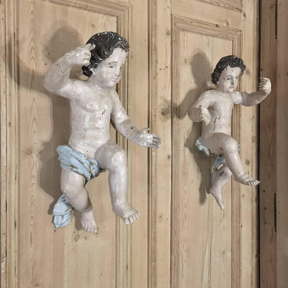 Pair of 18th Century Italian Hand Painted Carved Wood Putti Figures 3