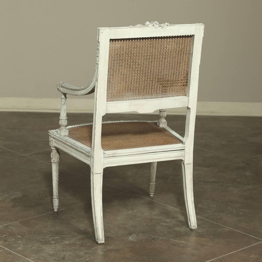 Hand-Painted 19th Century French Neoclassical Louis XVI Painted Caned Armchair