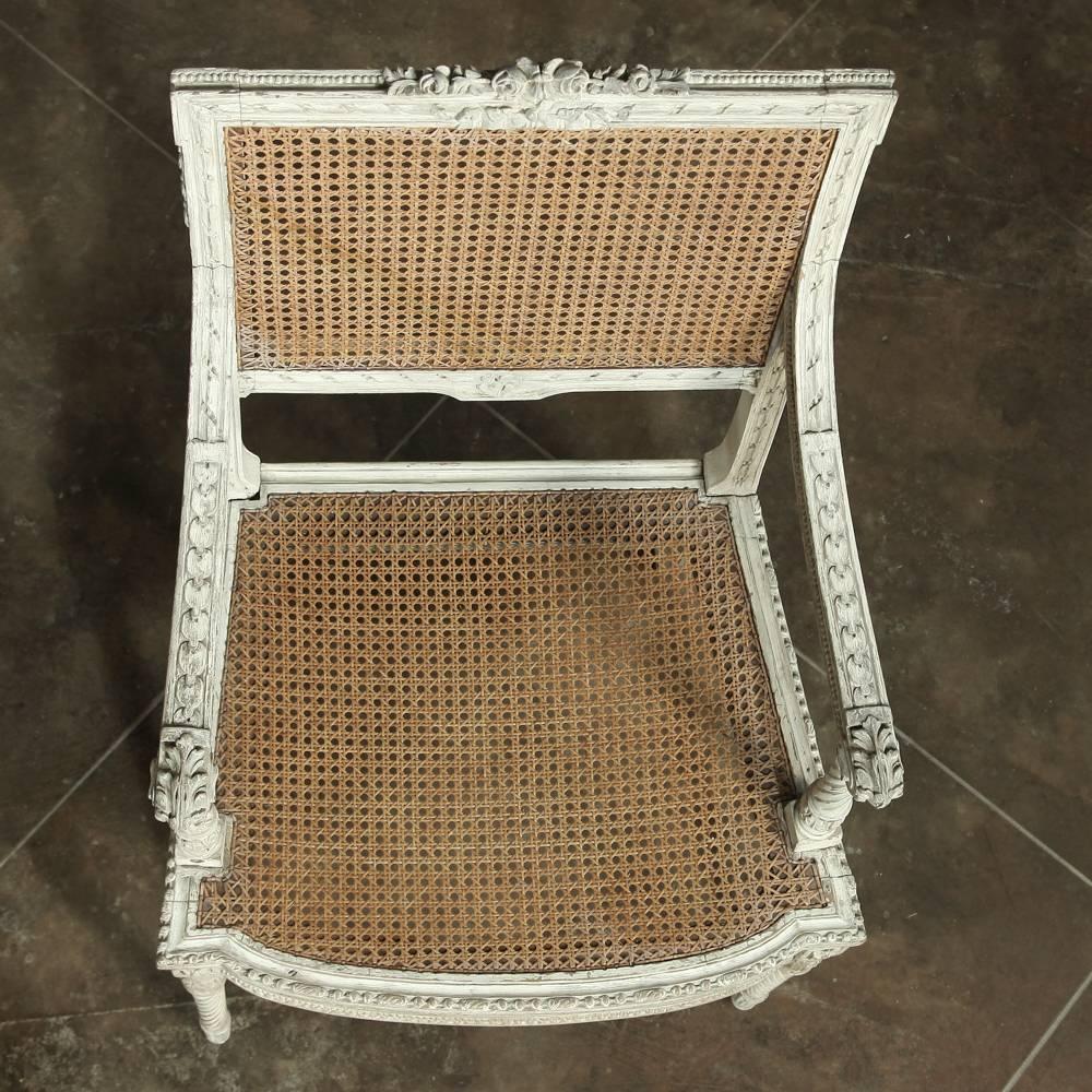 19th Century French Neoclassical Louis XVI Painted Caned Armchair In Good Condition In Dallas, TX