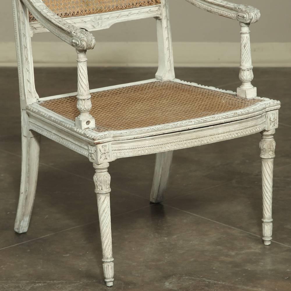 Hardwood 19th Century French Neoclassical Louis XVI Painted Caned Armchair