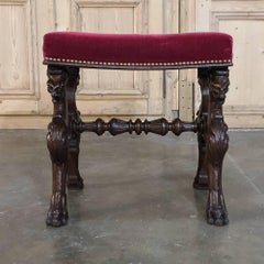 19th Century, Renaissance Footstool with Velvet and Carved Gryffins