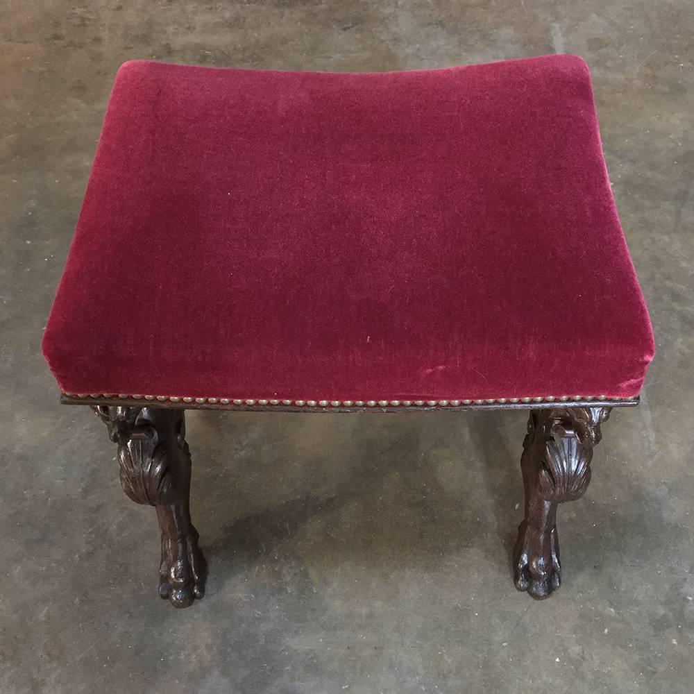 French 19th Century, Renaissance Footstool with Velvet and Carved Gryffins