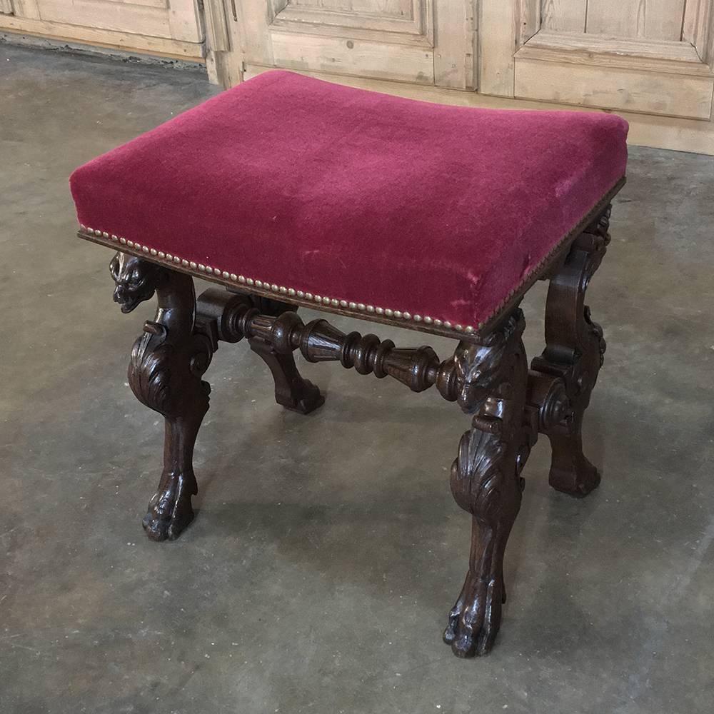 Hand-Crafted 19th Century, Renaissance Footstool with Velvet and Carved Gryffins