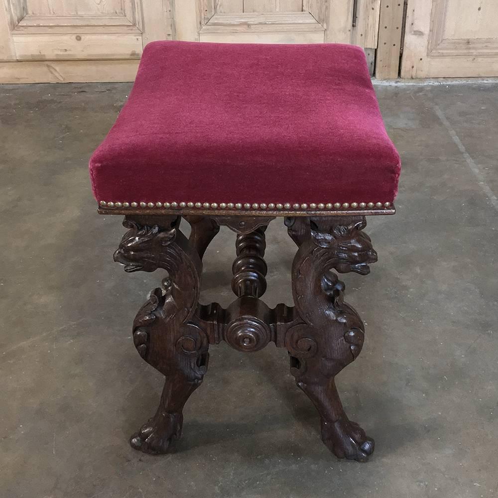 19th Century, Renaissance Footstool with Velvet and Carved Gryffins In Good Condition In Dallas, TX