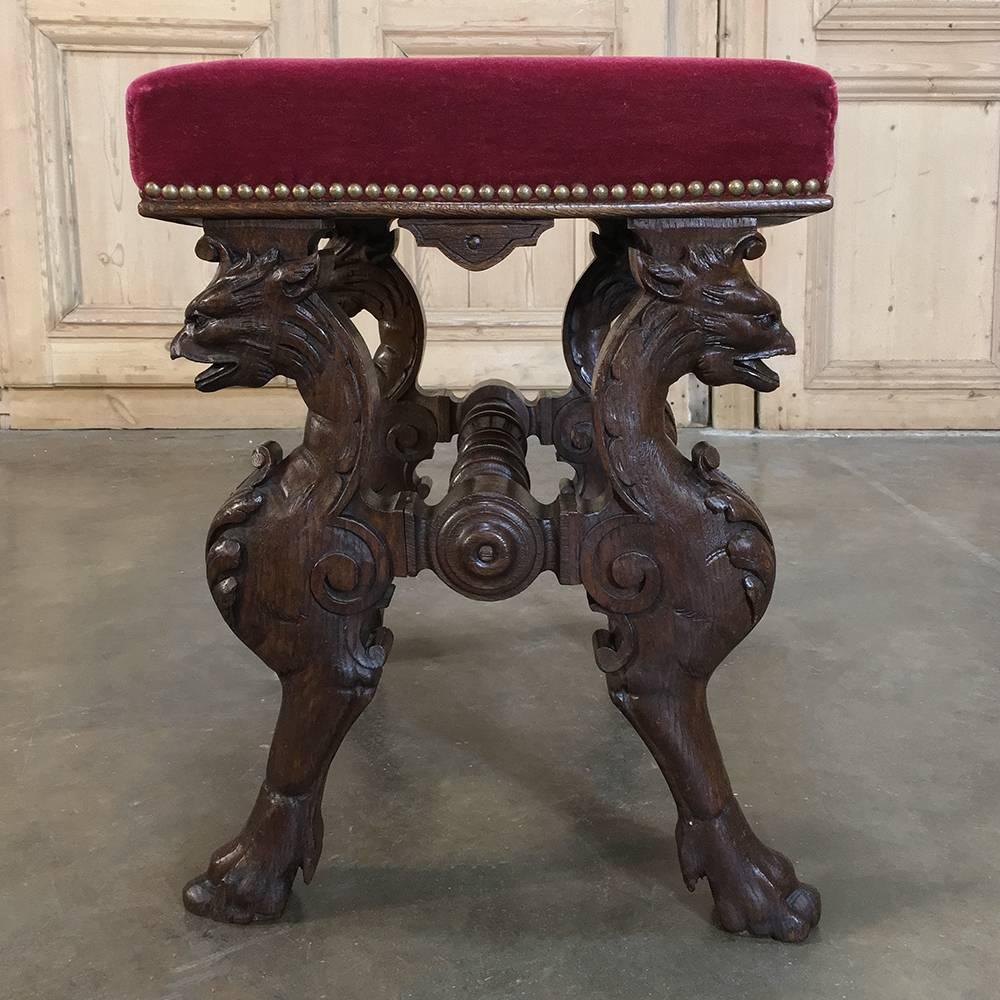 Mid-19th Century 19th Century, Renaissance Footstool with Velvet and Carved Gryffins