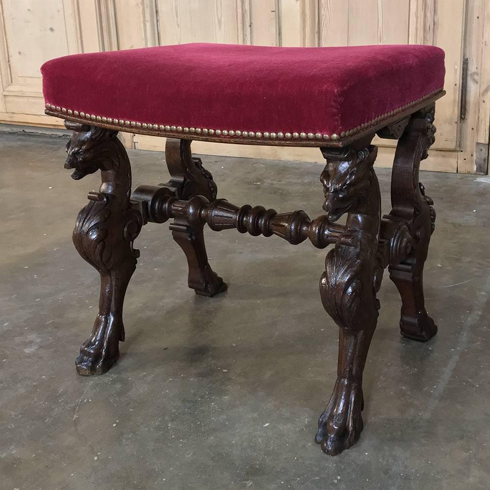 19th Century, Renaissance Footstool with Velvet and Carved Gryffins 4