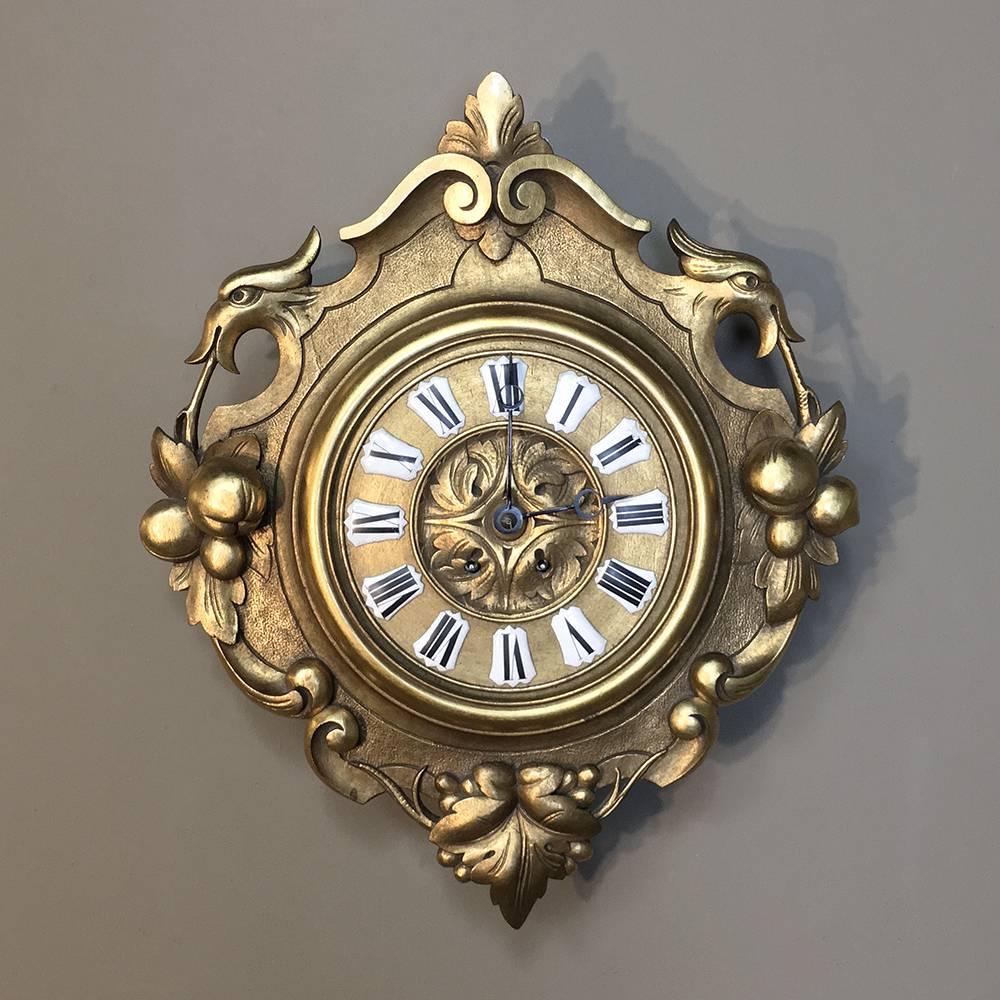 19th Century Swedish Giltwood Wall Clock - Cartel is a wonderful way to decorate a room, with a hand-made Swiss movement coupled with a charming casework, all hand-sculpted from solid wood then gilded to perfection to make it gorgeous for decade