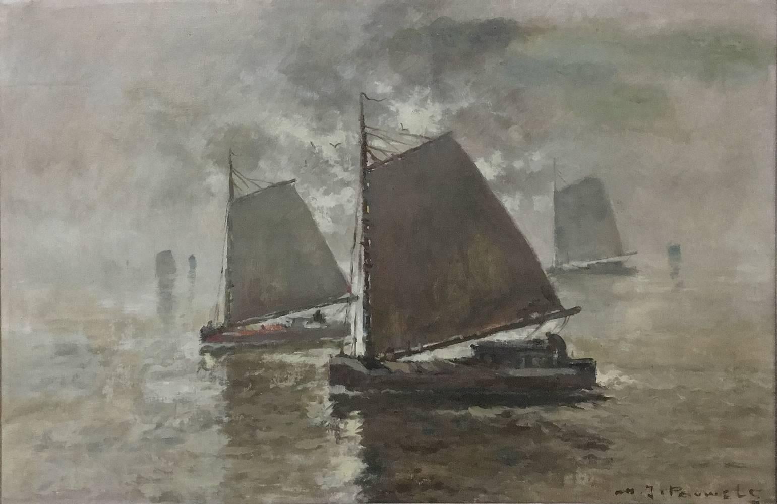 Antique framed oil painting on canvas by Henri Joseph Pauwels (1903-1983) is a wonderful impressionistic nautical scene depicting the fishing fleet headed out for the day just as the fog is lifting. Such scenes have been repeated countless times