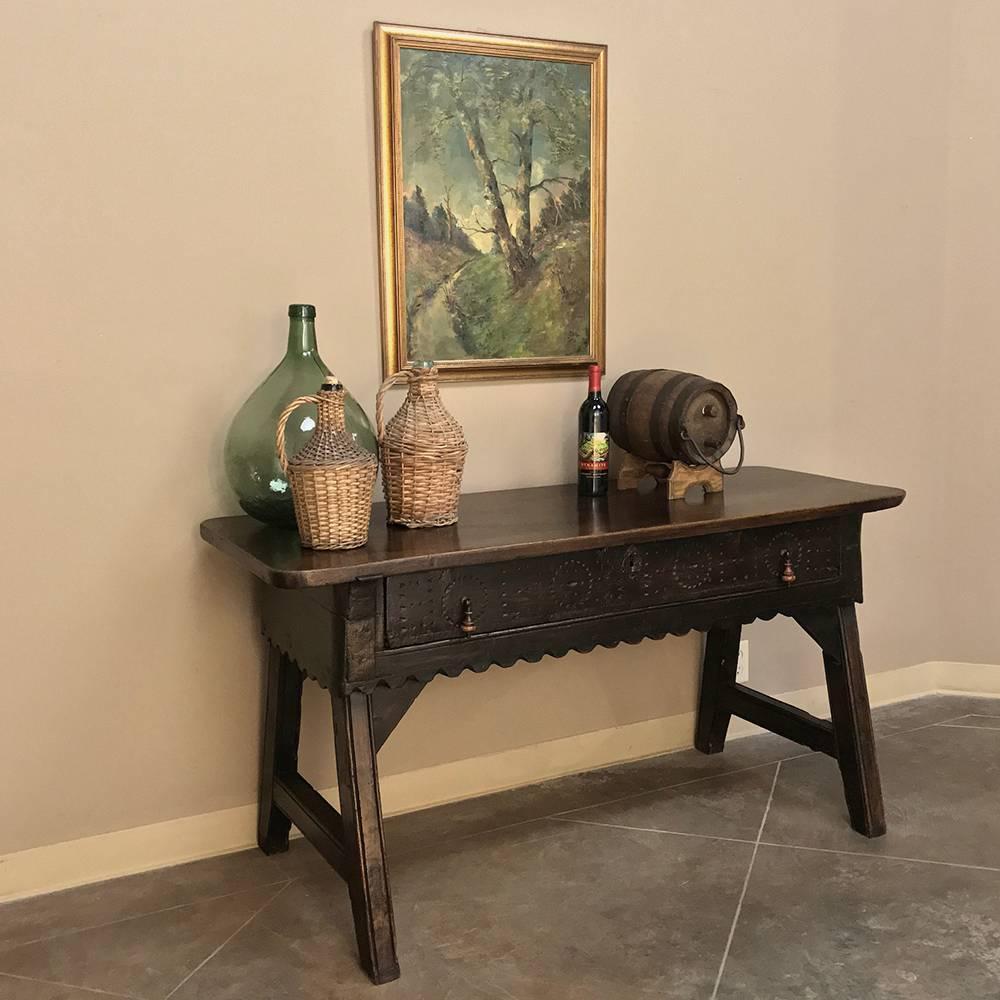 18th century rustic country French console sofa table is the perfect way to add old world elegance and the convenience of a shallow table to any room! Great as a console in a casual entryway, or for the hallway, under a window, or even the foot of