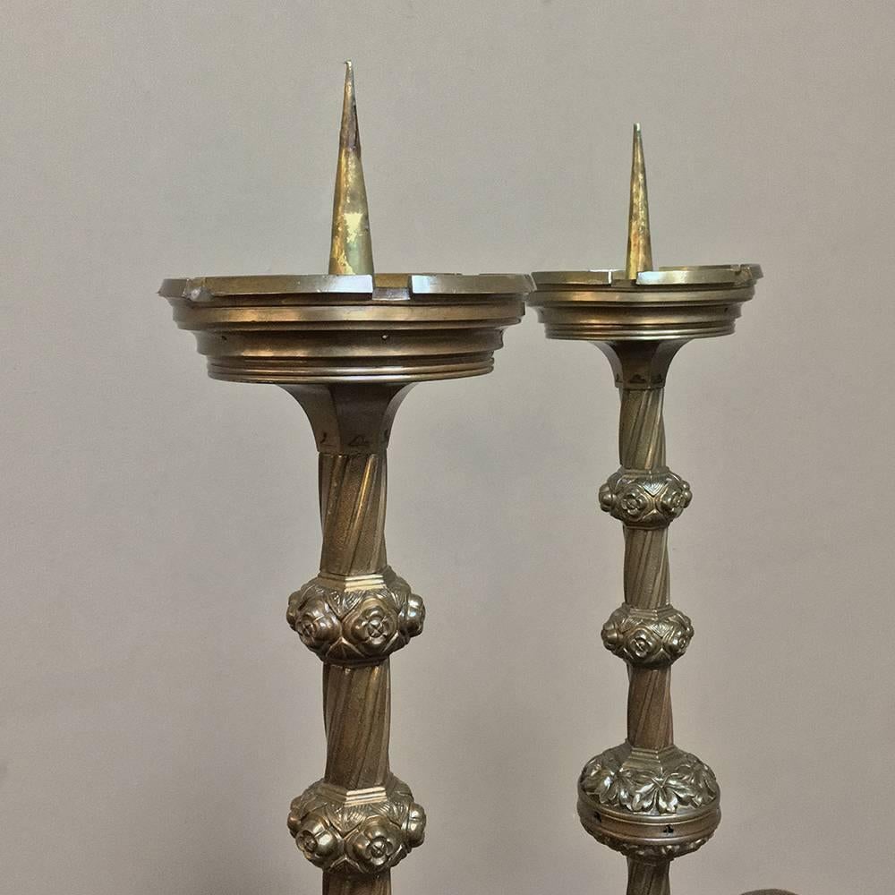 Pair of 19th Century, French Gothic Brass Candlesticks In Good Condition In Dallas, TX