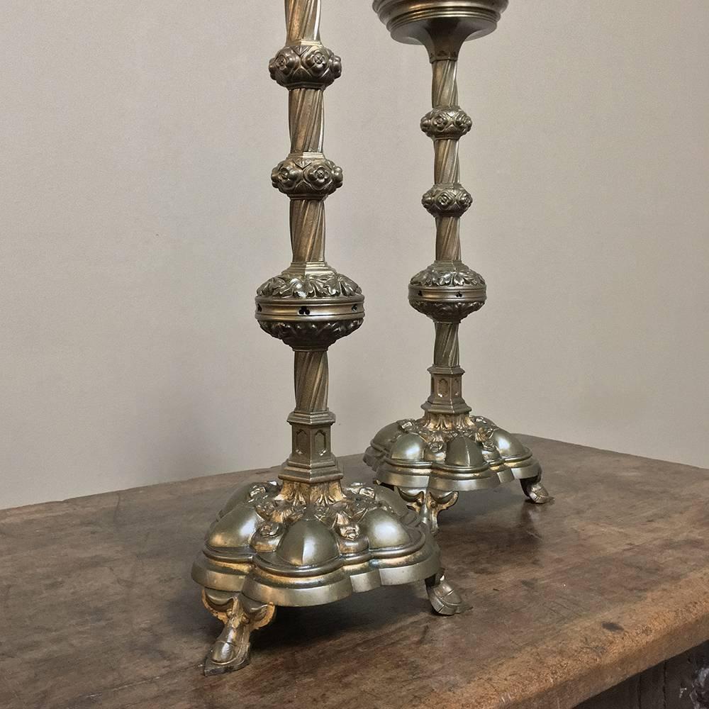Late 19th Century Pair of 19th Century, French Gothic Brass Candlesticks