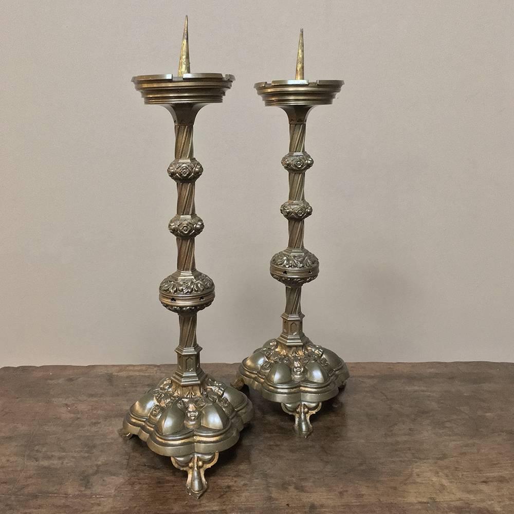 Pair of 19th Century, French Gothic Brass Candlesticks 2