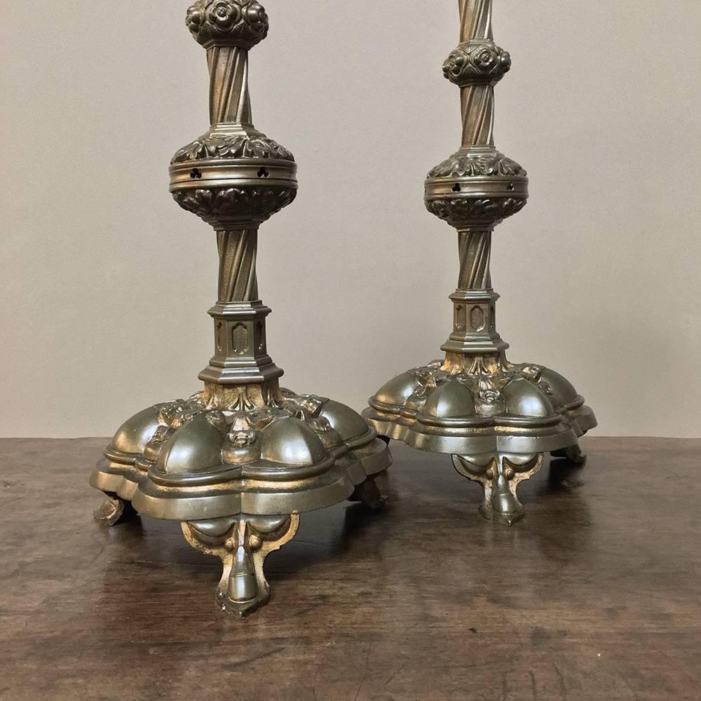 Pair of 19th Century, French Gothic Brass Candlesticks 3