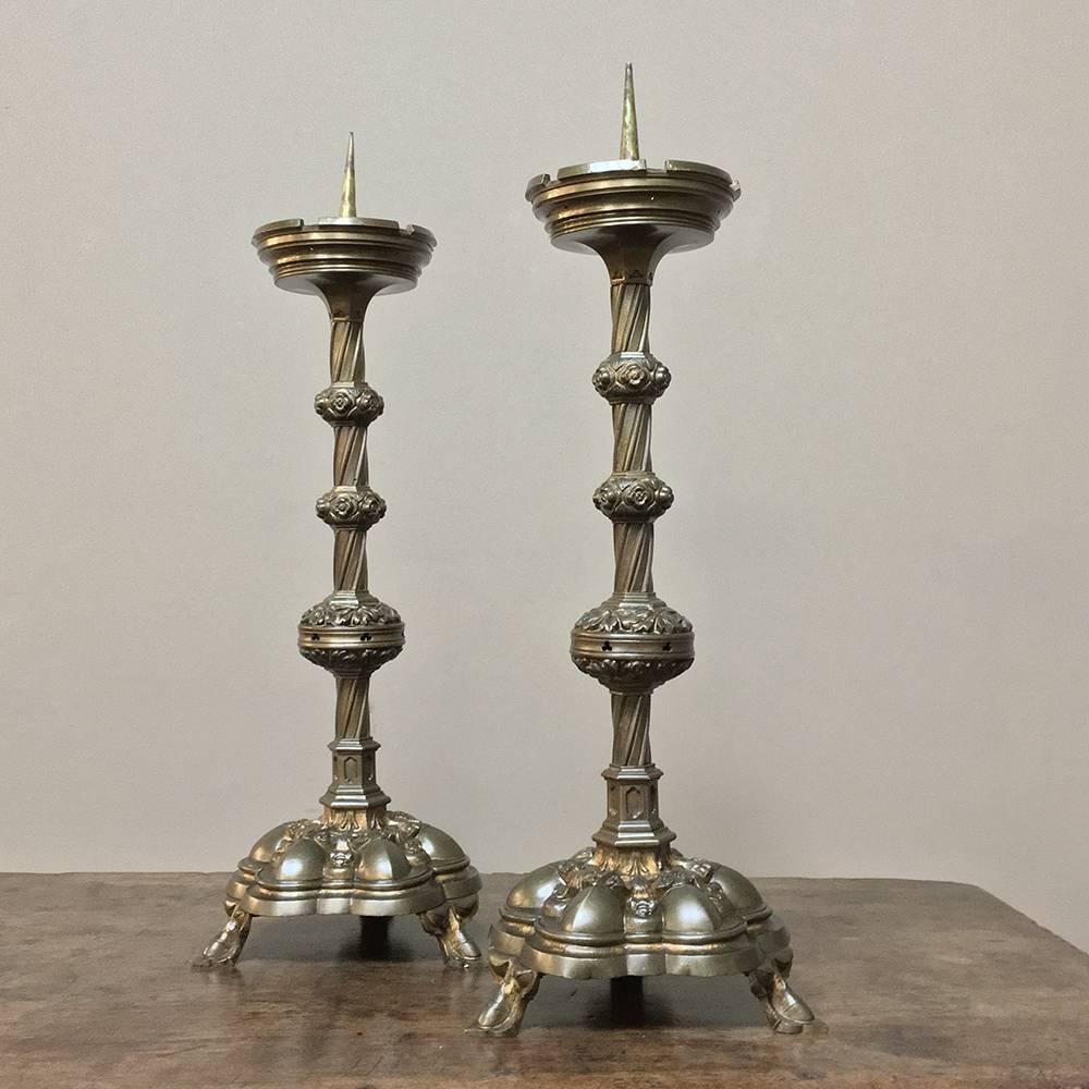 Pair of 19th Century, French Gothic Brass Candlesticks 5