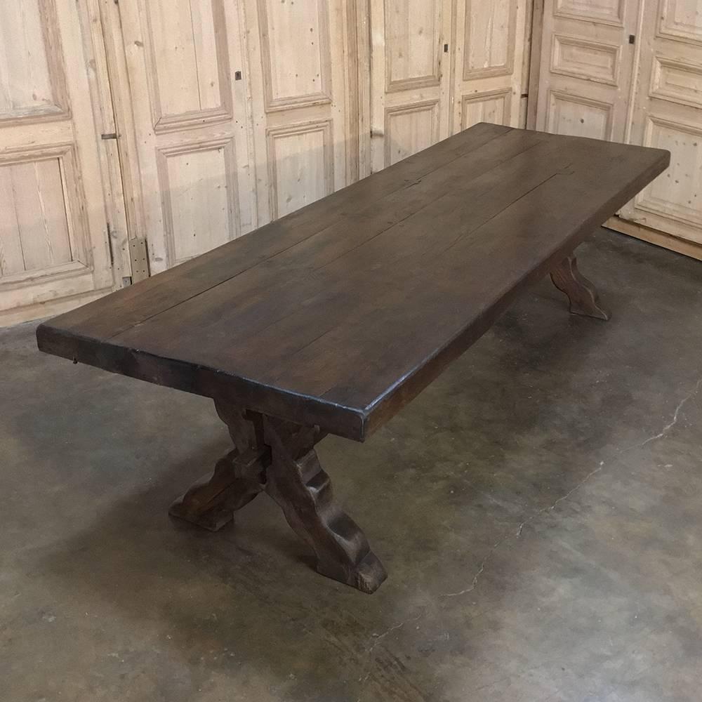 Grand 18th century Rustic Country French Banquet table is one inch shy of ten feet long and is possibly one of the largest and heaviest 200+ year-old tables we've seen in 27 years in the business! Handcrafted from huge, thick planks of dense,