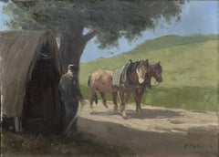 Antique Framed Country French Landscape Oil Painting in Gilt Frame by Reglet