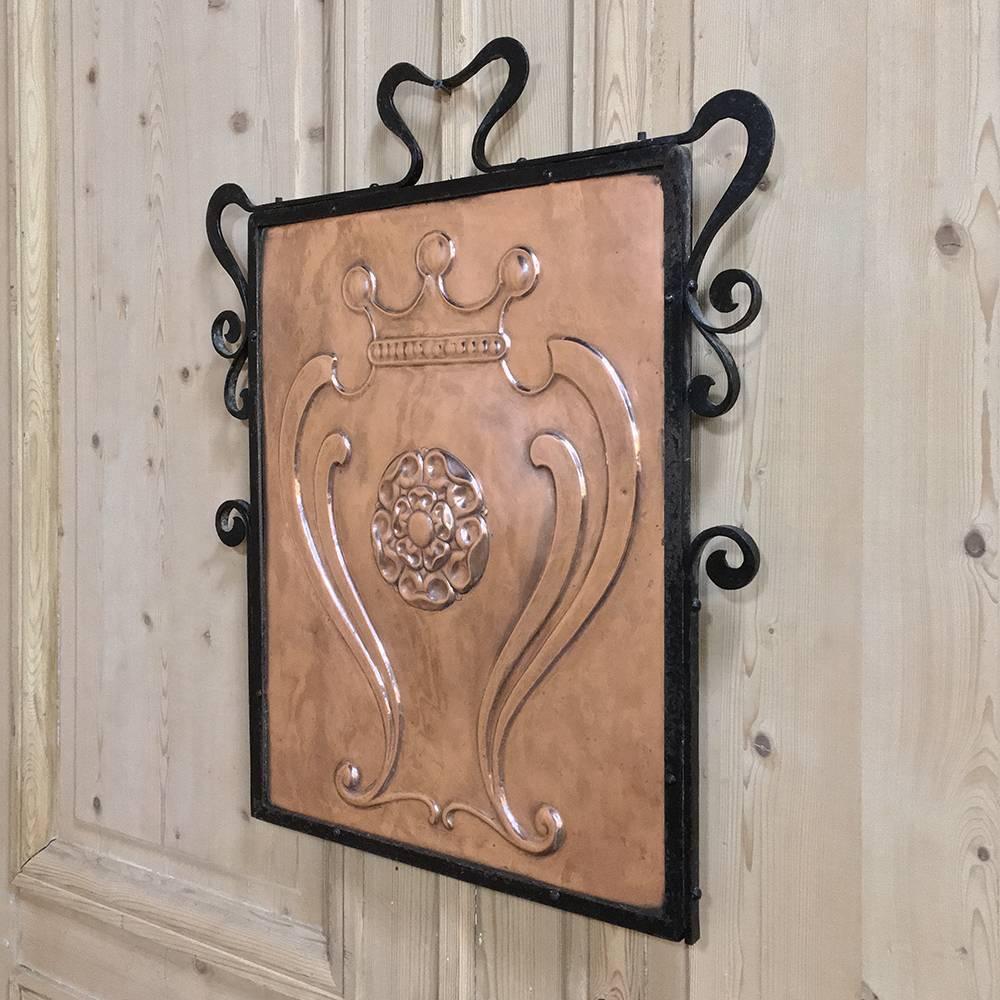 Antique French Art Nouveau Embossed copper and wrought iron firescreen
circa 1895.