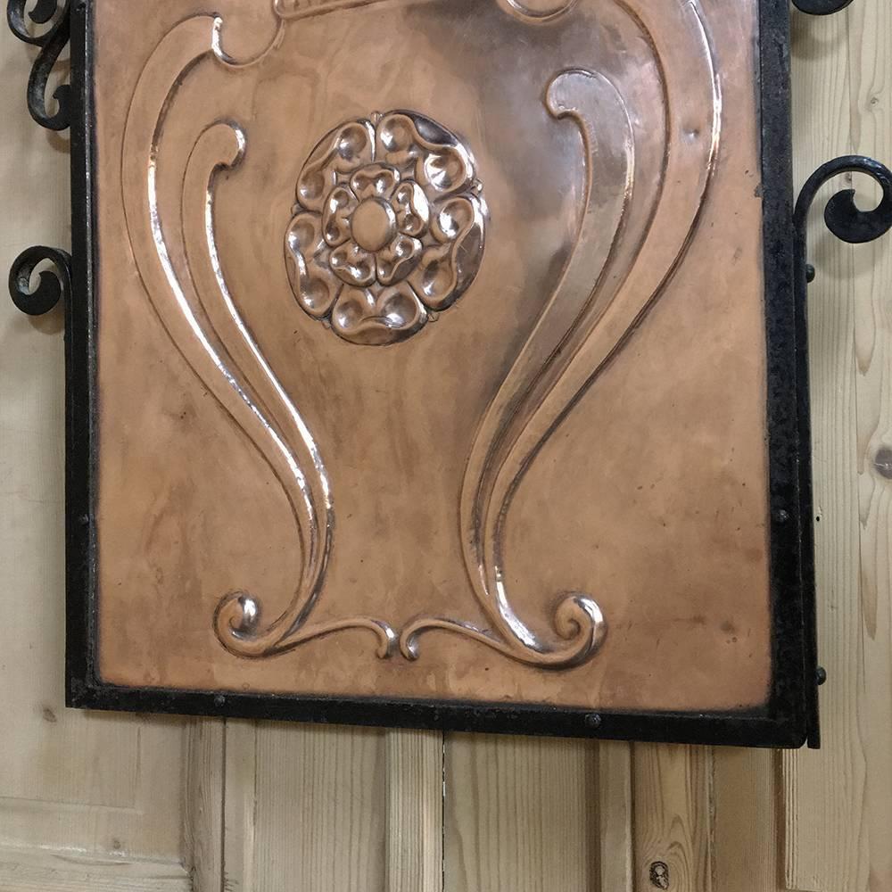 Late 19th Century Antique French Art Nouveau Embossed Copper and Wrought Iron Firescreen