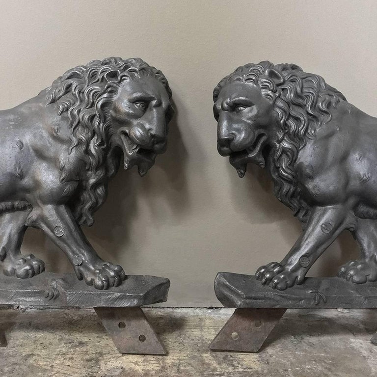 Pair of 19th Century Architectural Cast Iron Lion Statues For Sale at