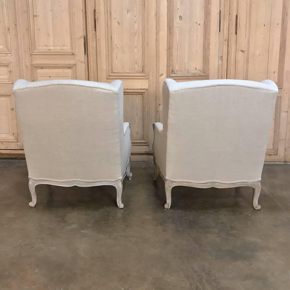Pair of Antique French Louis XV Painted Linen Upholstered Armchairs, Bergeres 3
