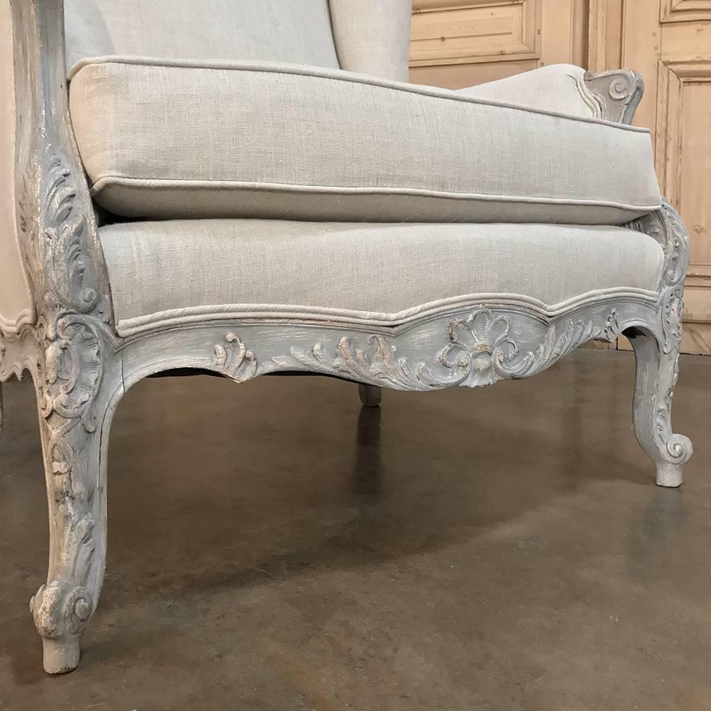 Late 19th Century Pair of Antique French Louis XV Painted Linen Upholstered Armchairs, Bergeres