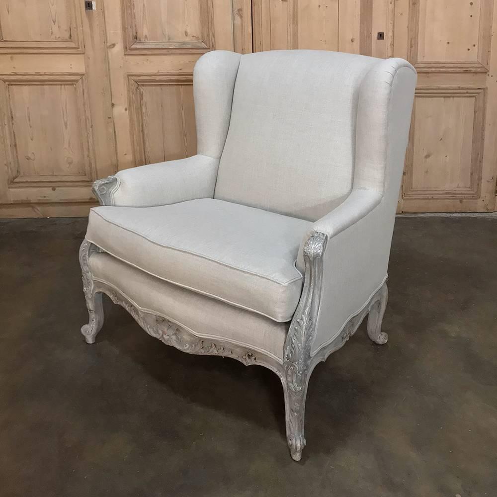 Oak Pair of Antique French Louis XV Painted Linen Upholstered Armchairs, Bergeres