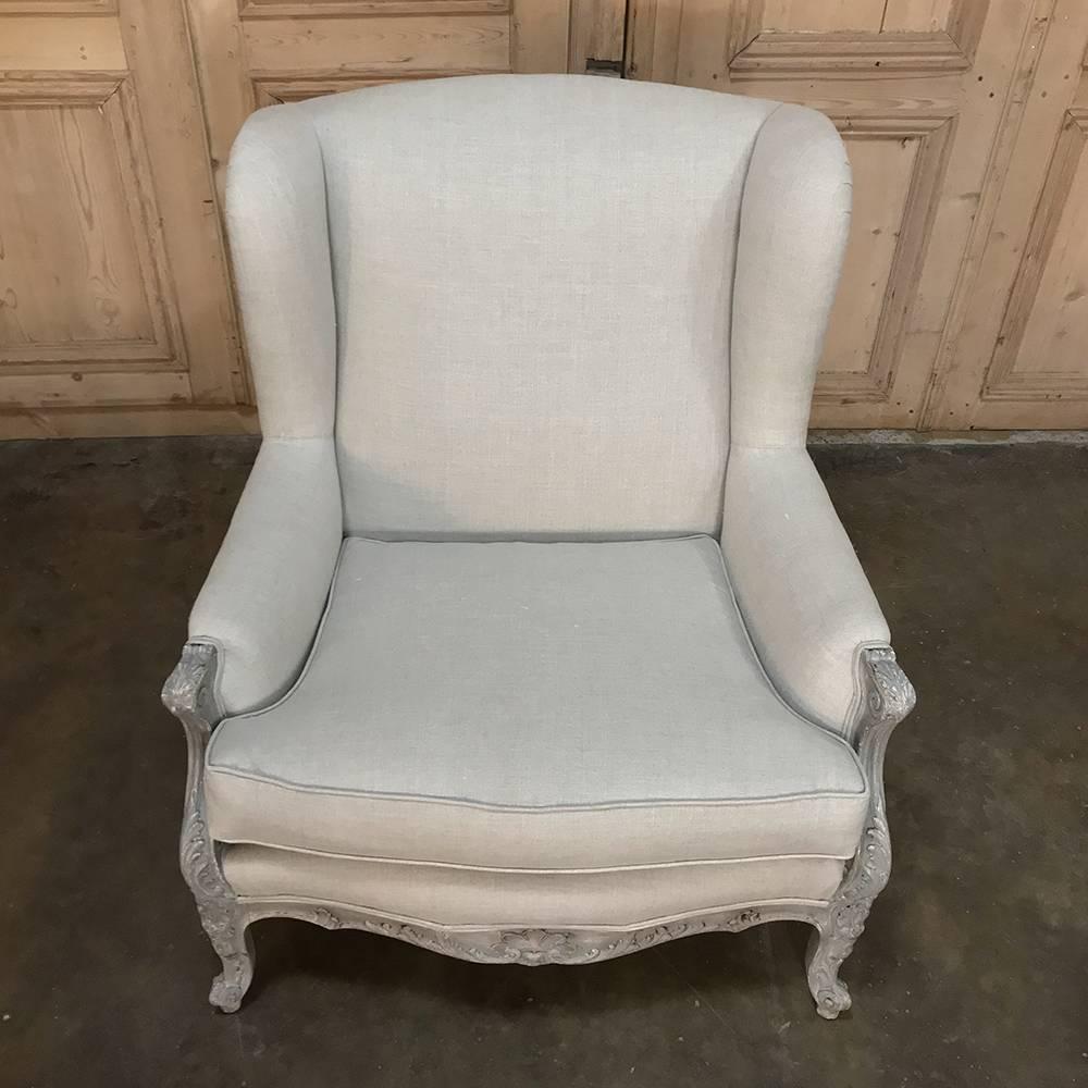 Pair of Antique French Louis XV Painted Linen Upholstered Armchairs, Bergeres 1