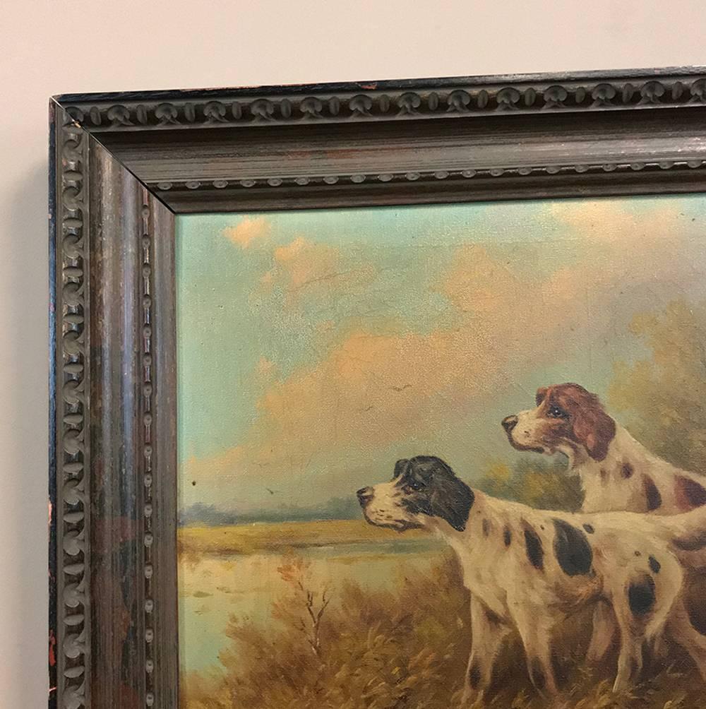 19th century framed oil painting on canvas by Paul Schouten depicts a handsome pair of pointers in the field with the remarkable talents of one of the Schouten family, several of which have distinguished themselves in the annals of the art world