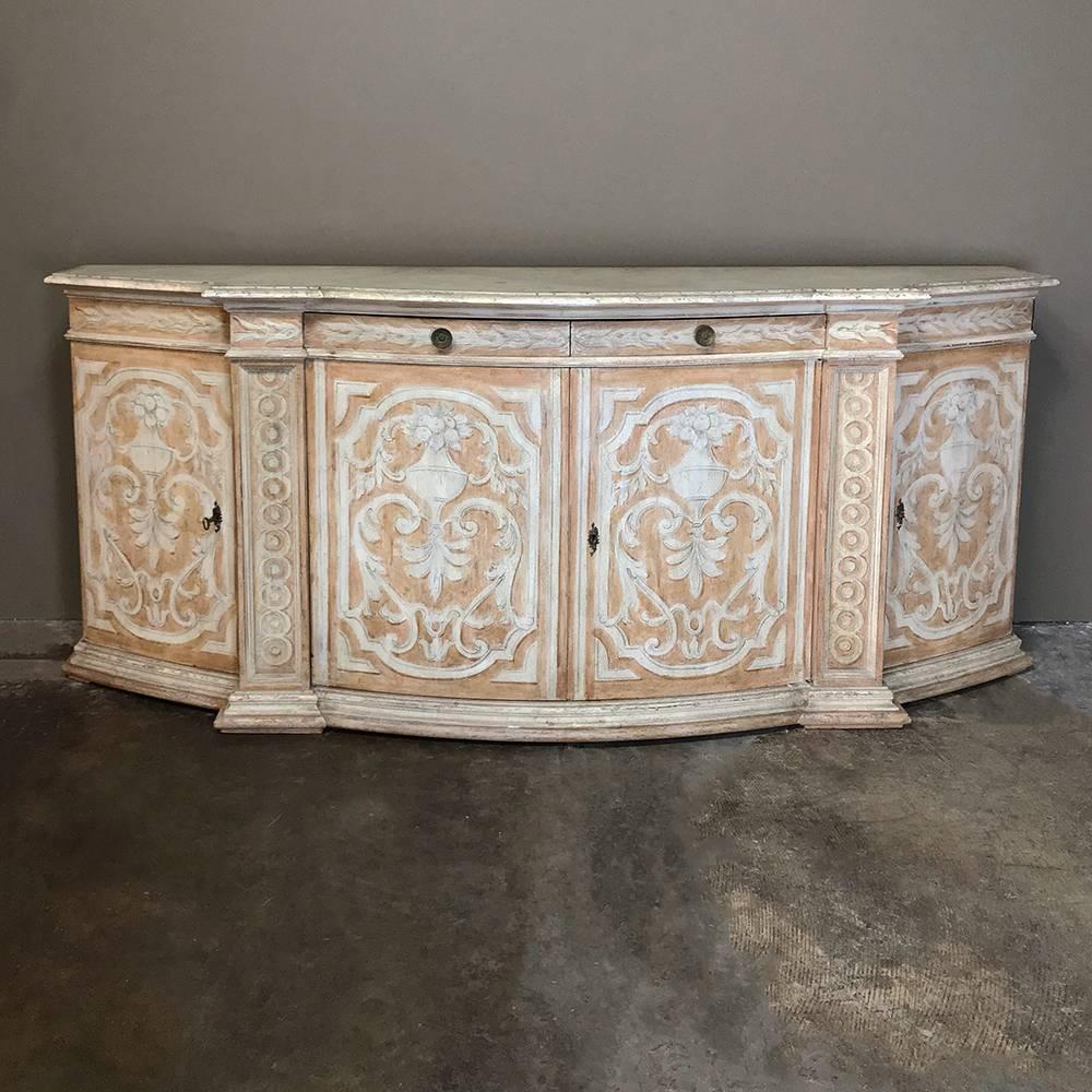 19th century Venetian painted bow front buffet is a lovely example of the unique architecture, adornment, and painted finishes for which the artisans of Venice are so well-known! The storied city-state whose history far predates the country of Italy