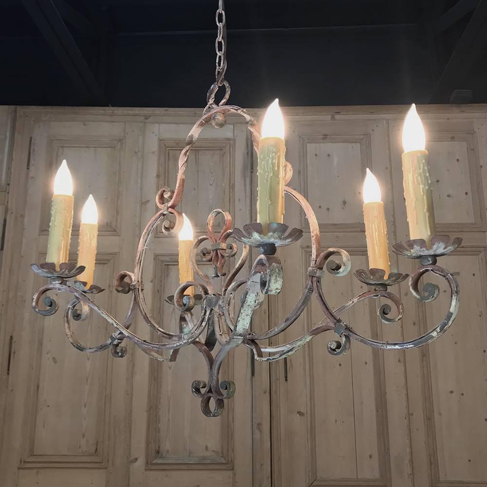 20th Century Antique Country French Wrought Iron Painted Chandelier