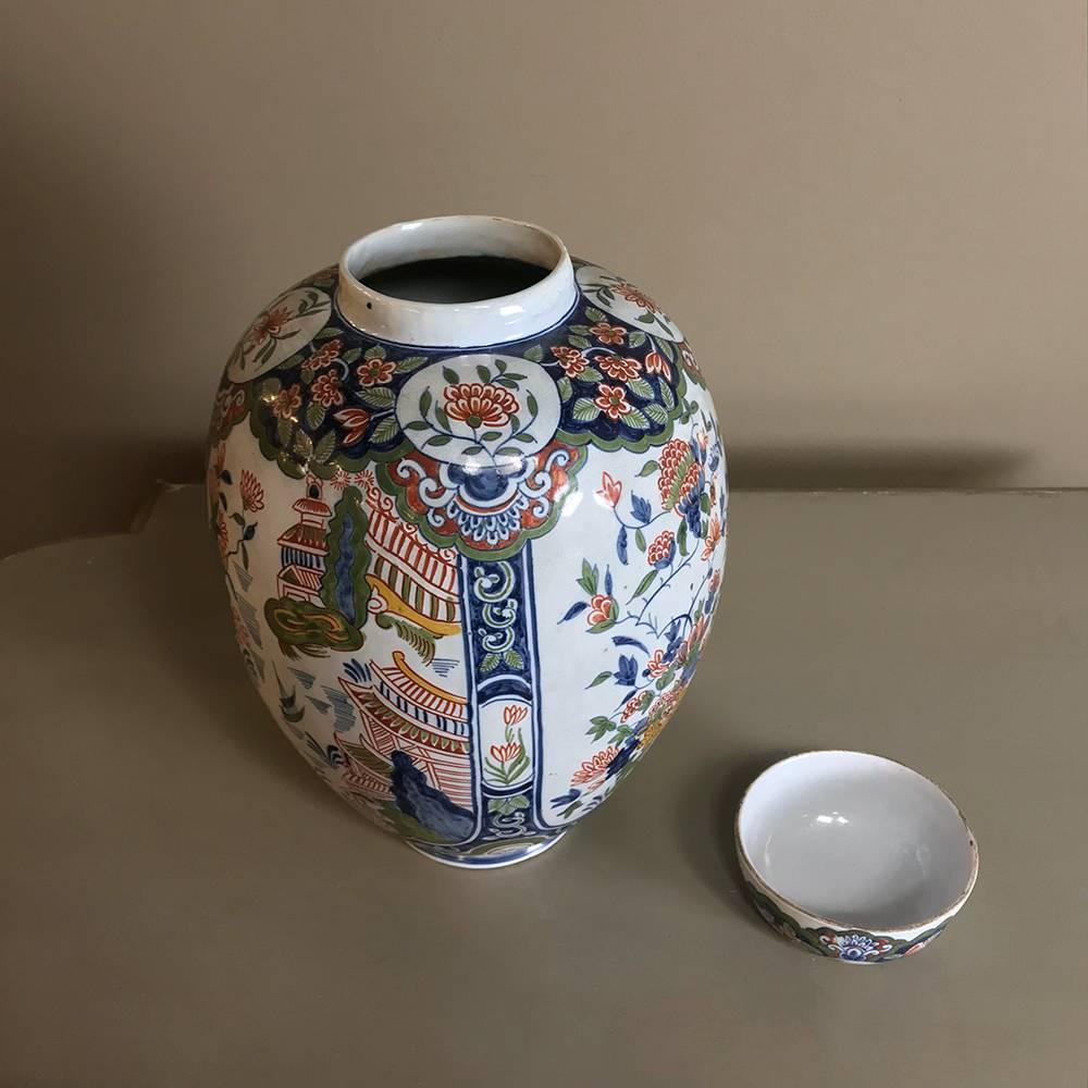 Late 19th Century 19th Century Oriental Style Delft Vase with Lid For Sale
