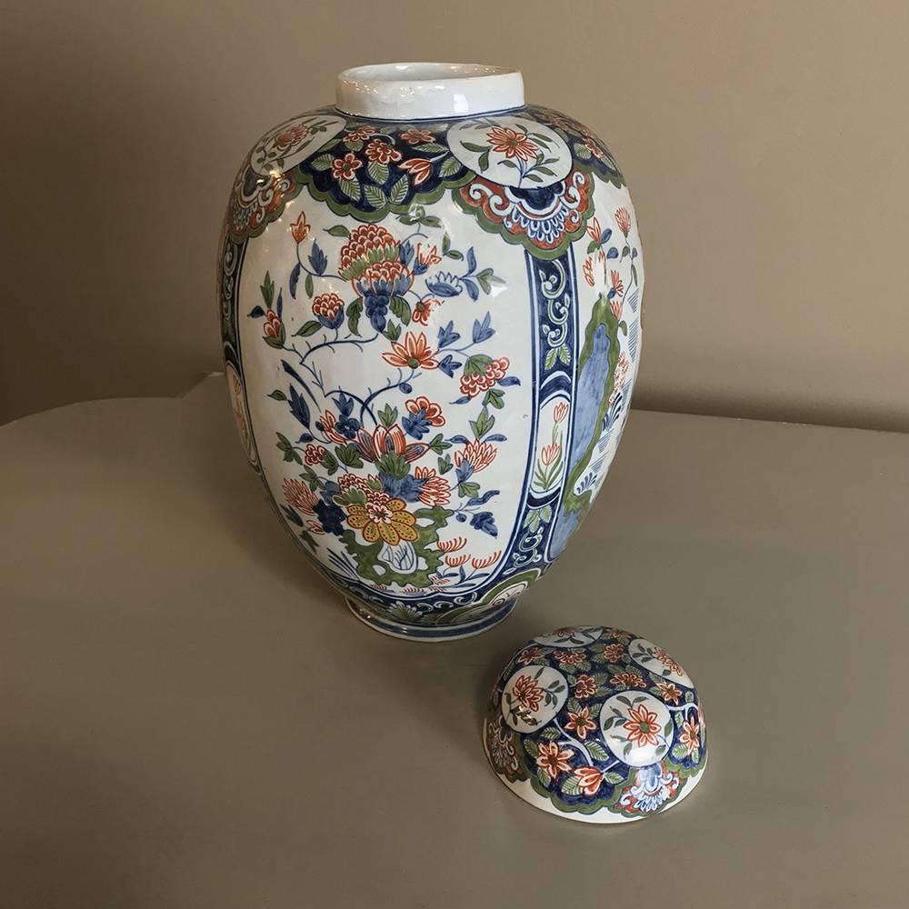 Dutch 19th Century Oriental Style Delft Vase with Lid For Sale