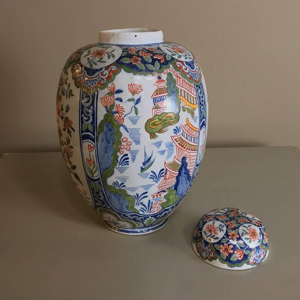 Japonisme 19th Century Oriental Style Delft Vase with Lid For Sale