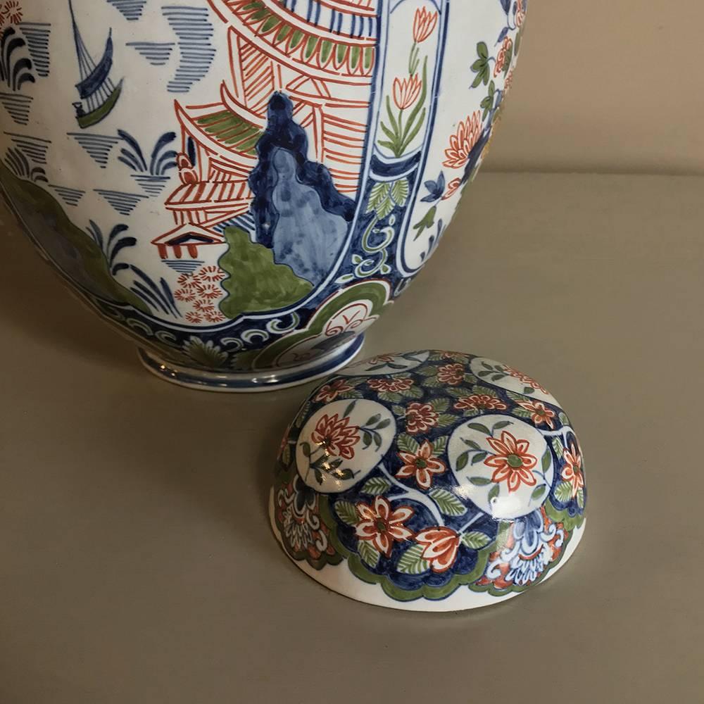 Hand-Painted 19th Century Oriental Style Delft Vase with Lid For Sale