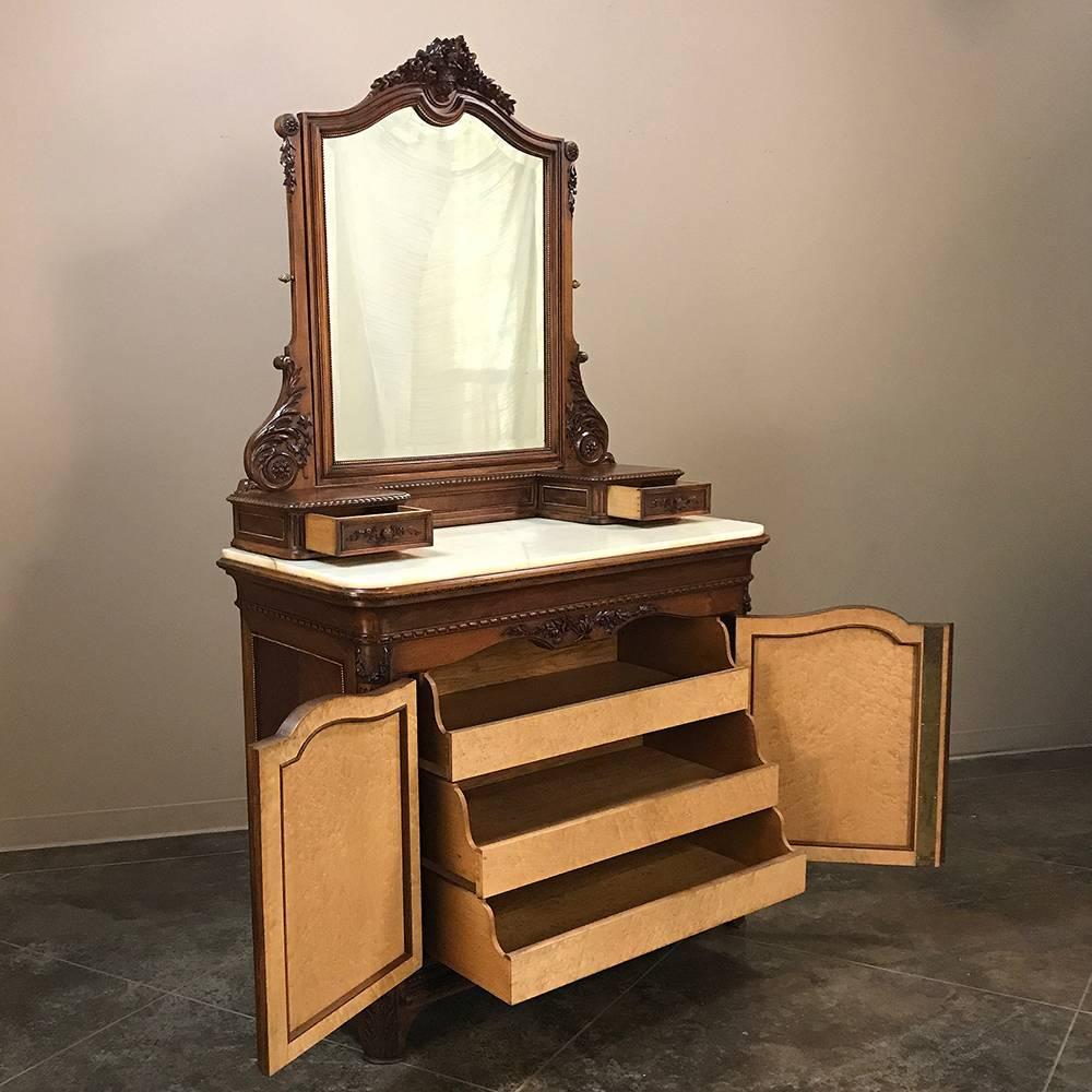 19th century French walnut neoclassical onyx top dresser represents the epitome of Parisienne master craftsmanship from the Belle Époque period! Exquisite hand-selected walnut, only the finest, was picked to create the casework, with special