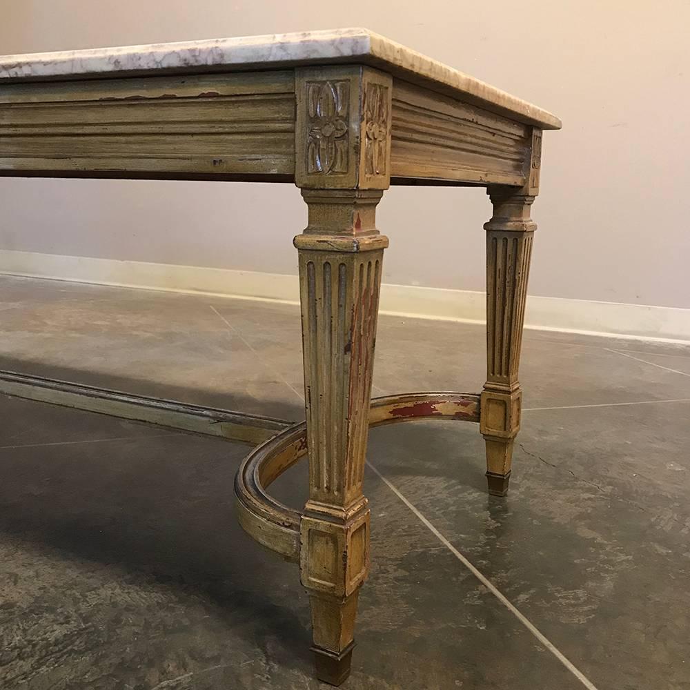 Midcentury French Louis XVI Neoclassical Gilded Marble-Top Coffee Table In Good Condition In Dallas, TX