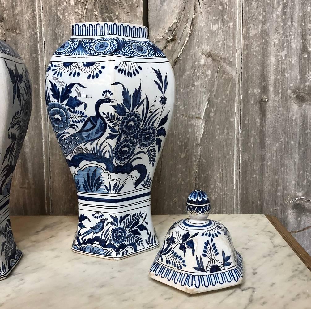 Hand-Painted Pair of 19th Century Blue and White Delft Oriental Style Vases