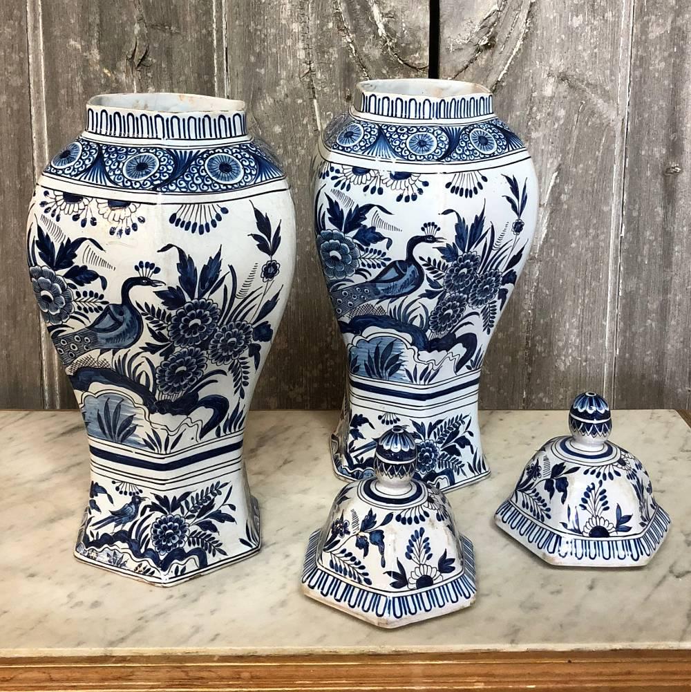 Dutch Pair of 19th Century Blue and White Delft Oriental Style Vases
