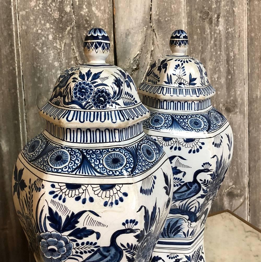 Japonisme Pair of 19th Century Blue and White Delft Oriental Style Vases