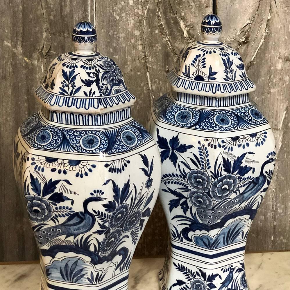 Pair of 19th Century Blue and White Delft Oriental Style Vases 1