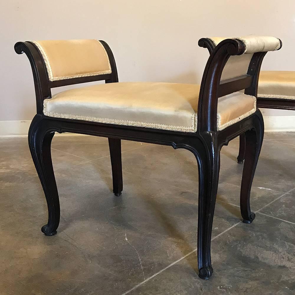 Hand-Crafted Pair of Antique Italian Walnut Arm Benches with Silk Upholstery