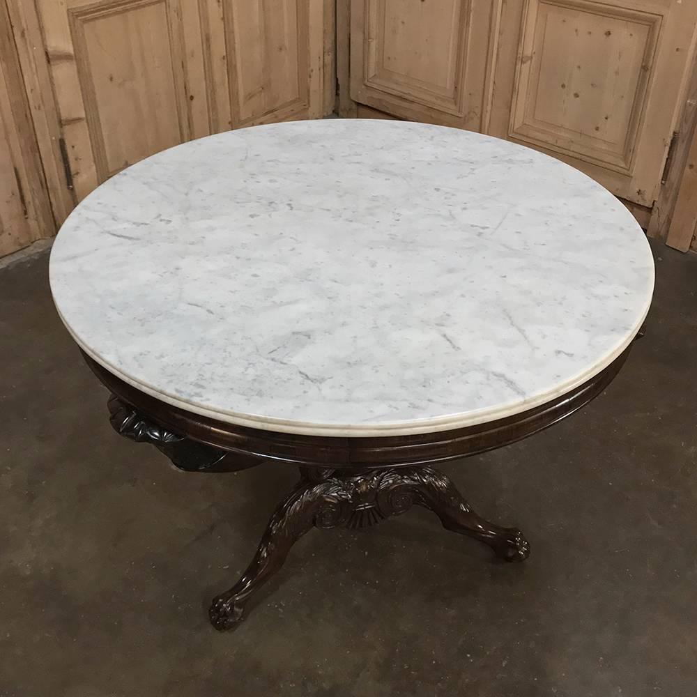 Italian Mid-19th Century Rosewood and Cararra Marble Genovese Center Table