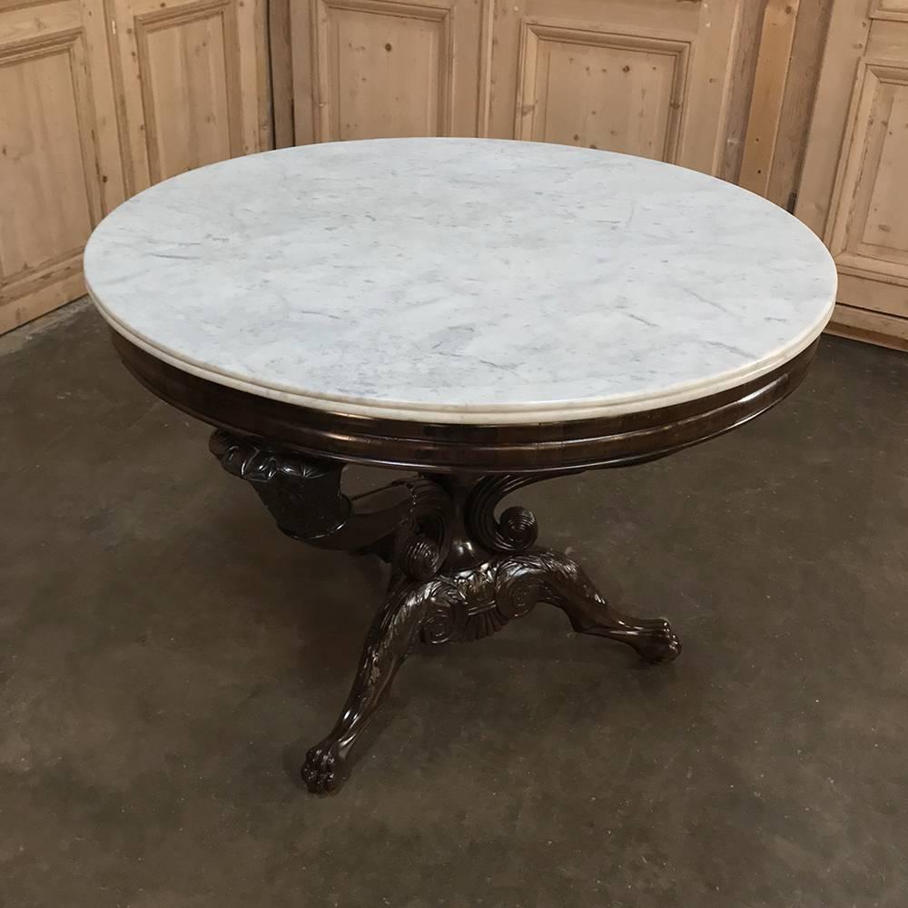 Hand-Carved Mid-19th Century Rosewood and Cararra Marble Genovese Center Table