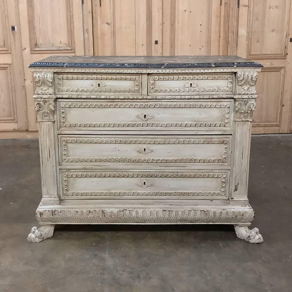 On this 19th century Italian neoclassical painted commode, we don't know what caught our eye first - the timeless hand-carved neoclassical styling, the faux marble painted top, or the lions' paw feet! Regardless, the combination is a visually