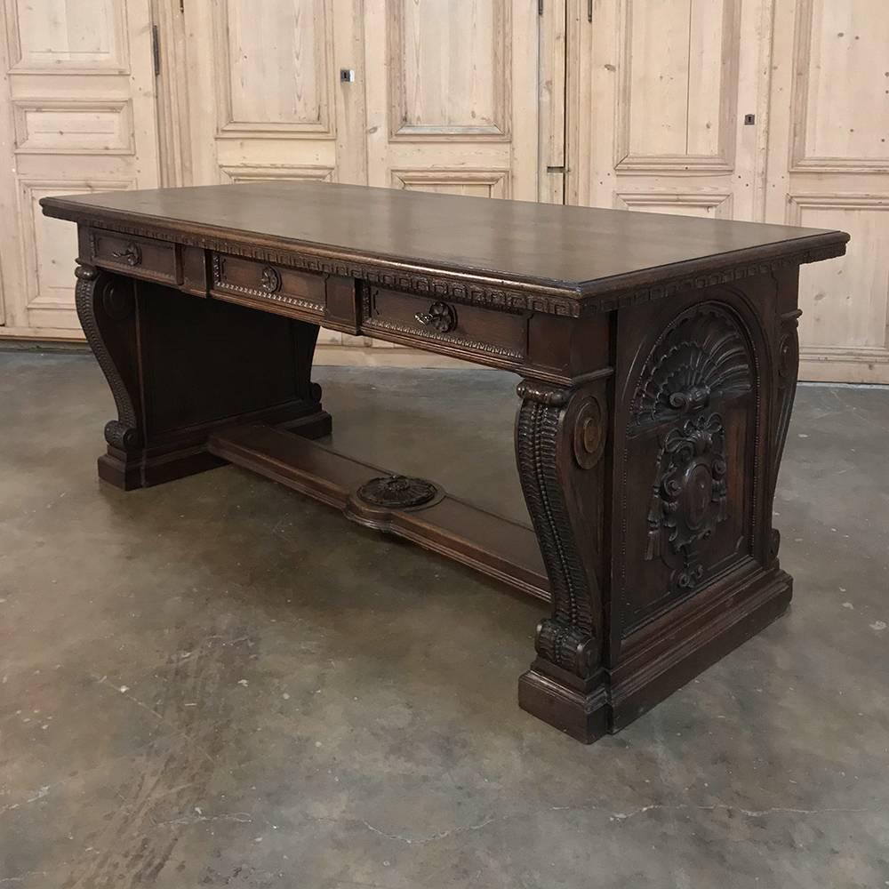 19th Century Italian Renaissance Hand Carved Oak Desk 4