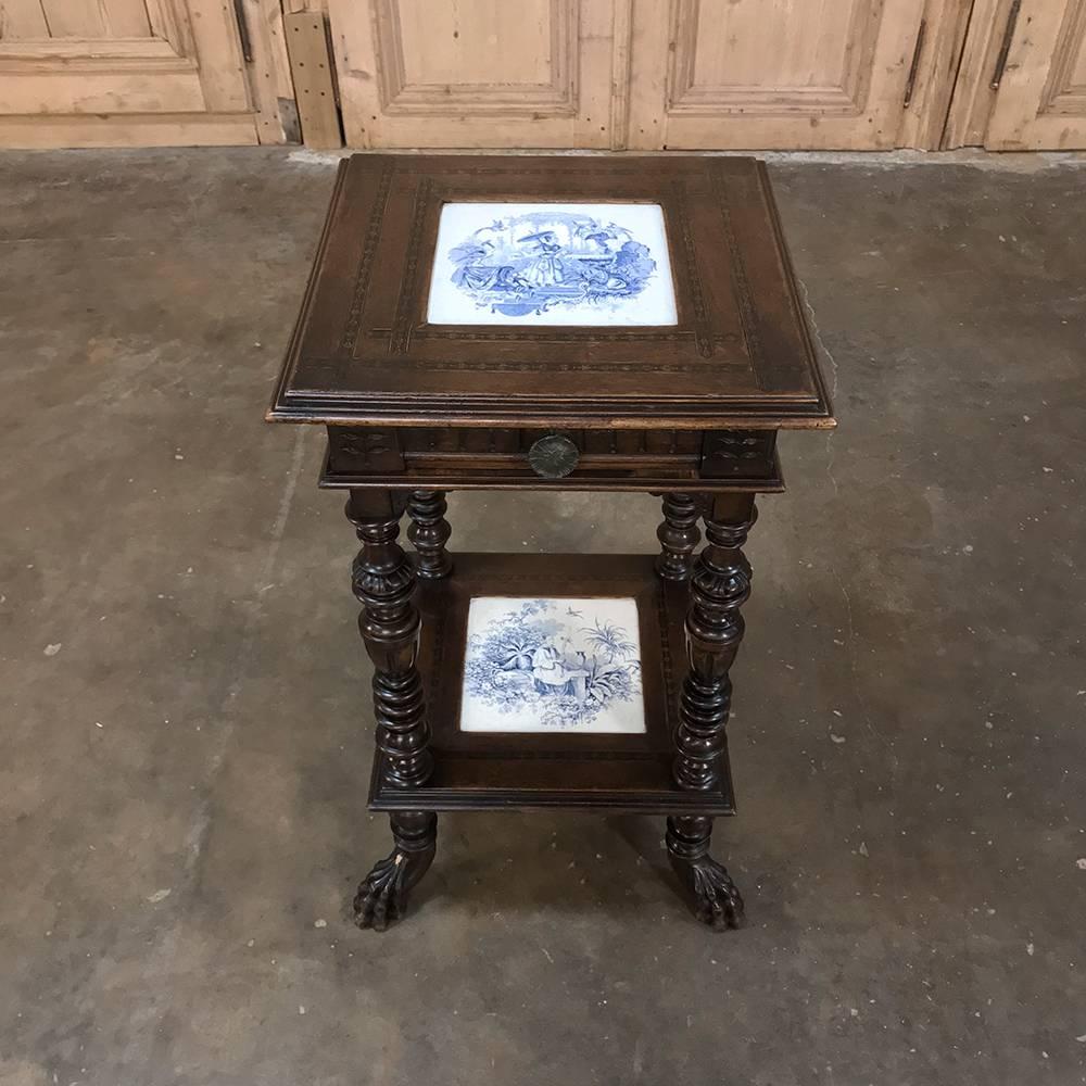 This remarkable 19th century blue and white delft Dutch Renaissance lamp table we discovered on our buying trip to Holland, features two tiers inset with 18th century hand-painted delft tiles! The antique tiles make for a waterproof surface, and add