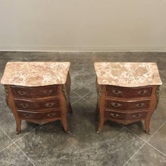 Pair of 19th Century French Marquetry Marble-Top Bombe Commodes Nightstands