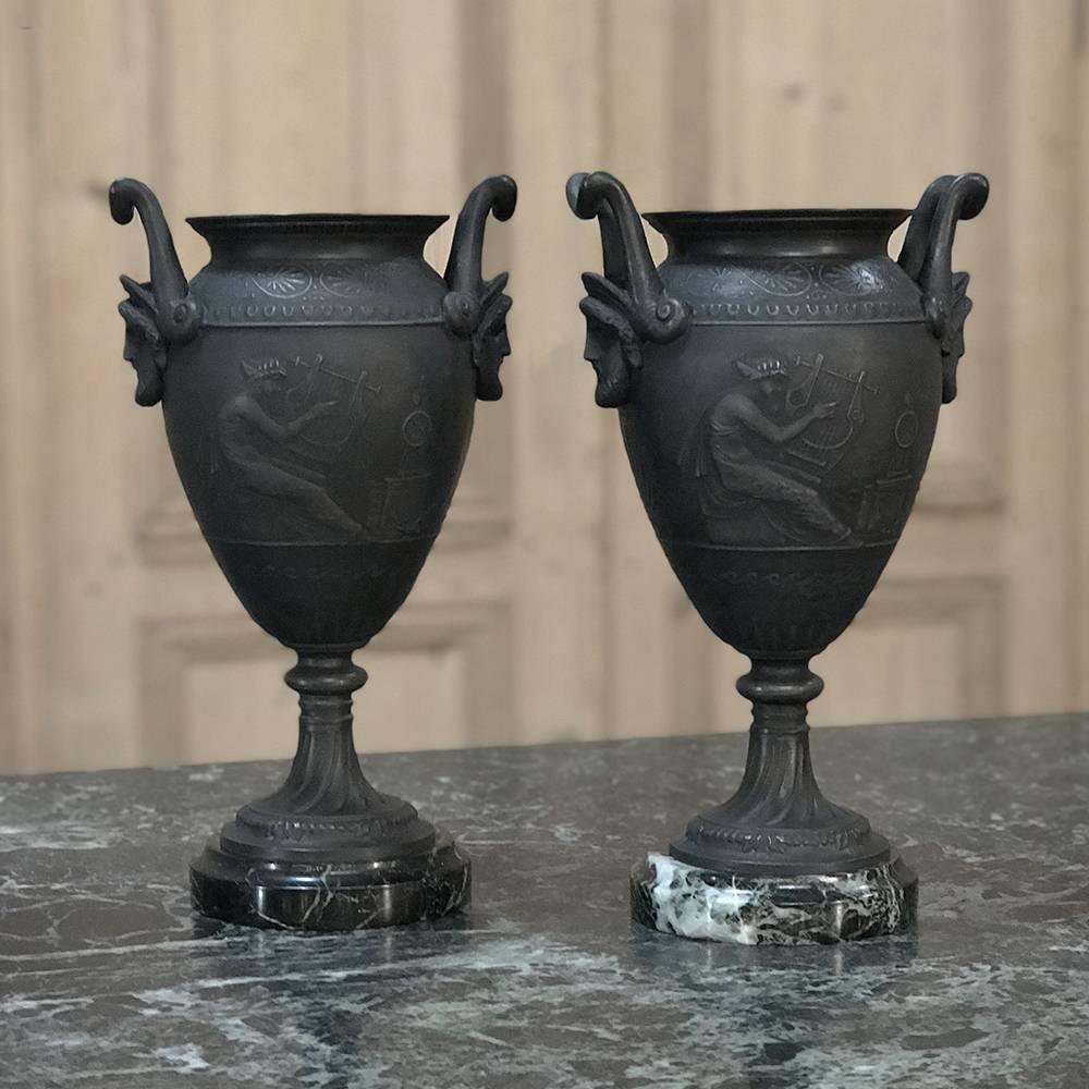 Pair Of 19th Century Spelter Mantel Urns on Marble Bases 4