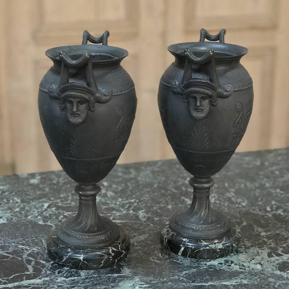 French Pair Of 19th Century Spelter Mantel Urns on Marble Bases